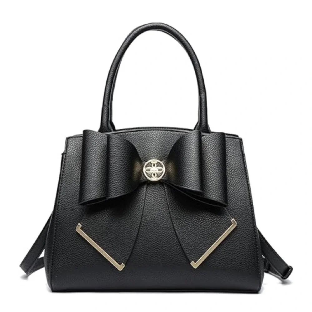 Grosee Black Faux Leather Top Handle Bow‎ Accent Satchel Bag